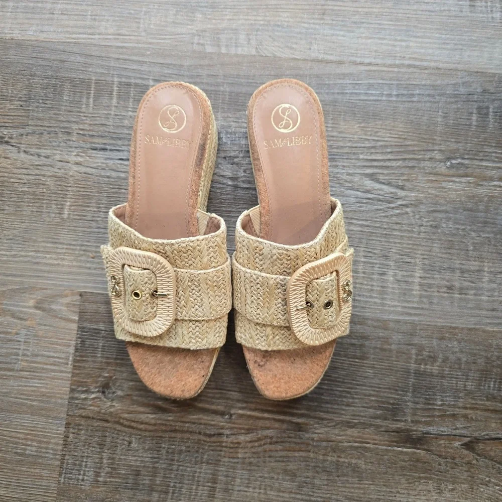 Sam & Libby Womens Beige Woven Raffia Platform Slide Sandals Buckle Size 7